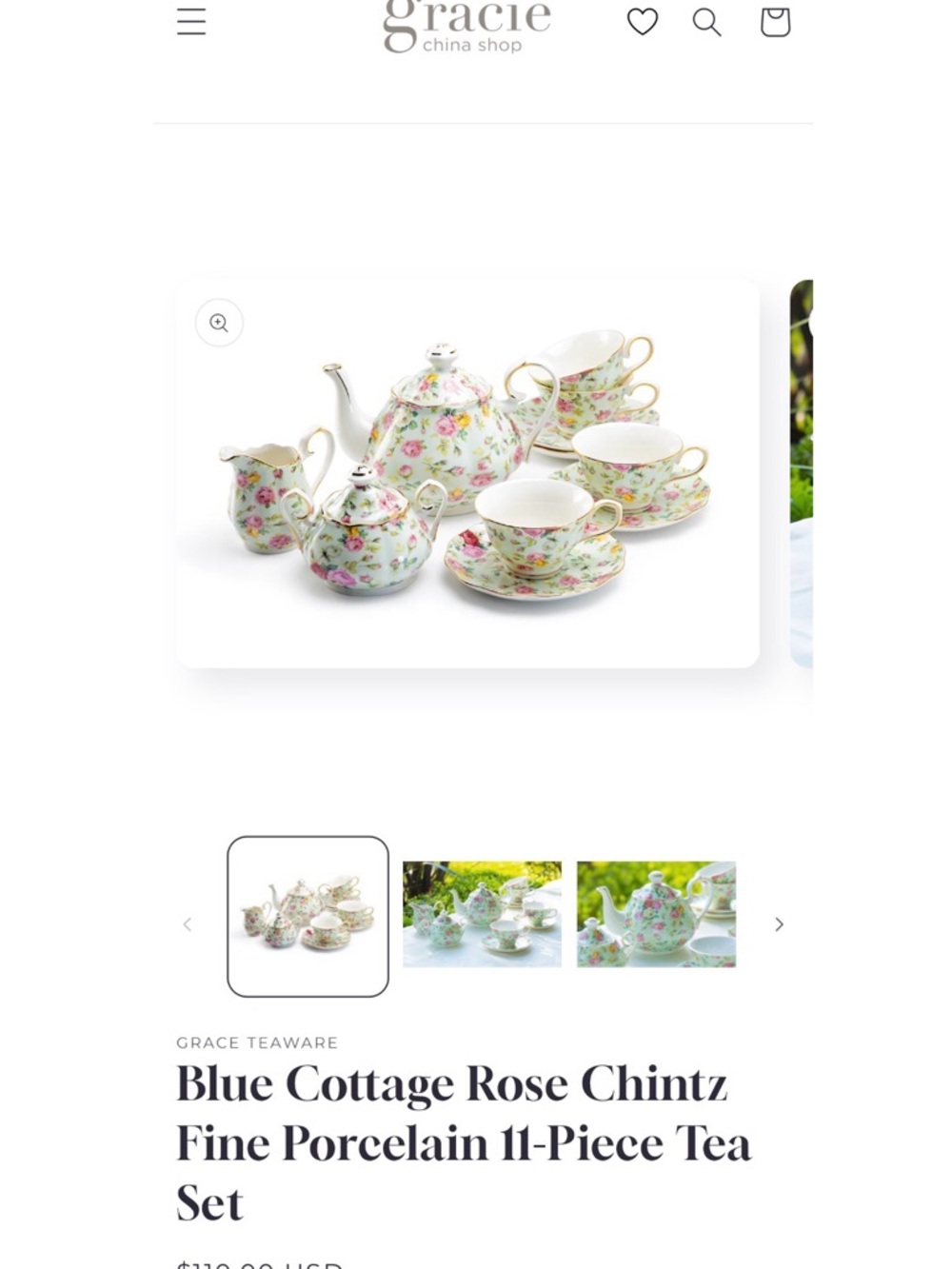 Gracie Floral Porcelain 11 piece Tea Set - Blue Rose Chintz Pattern